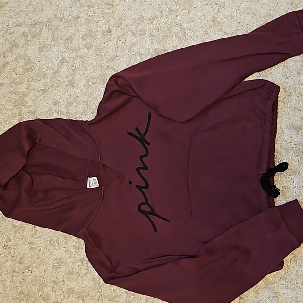 Victoria's Secret PINK Dark Maroon w/ Black Writing Cropped Hoodie. - Picture 3 of 6